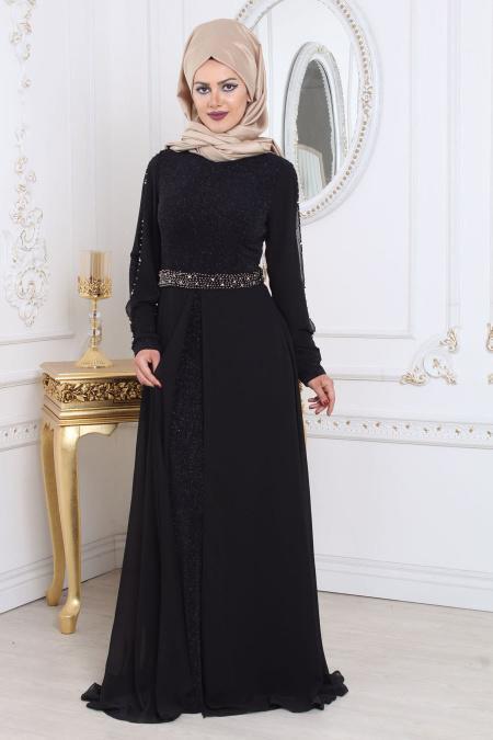 Evening Dresses - Black Hijab Evening Dress 79383S - 2