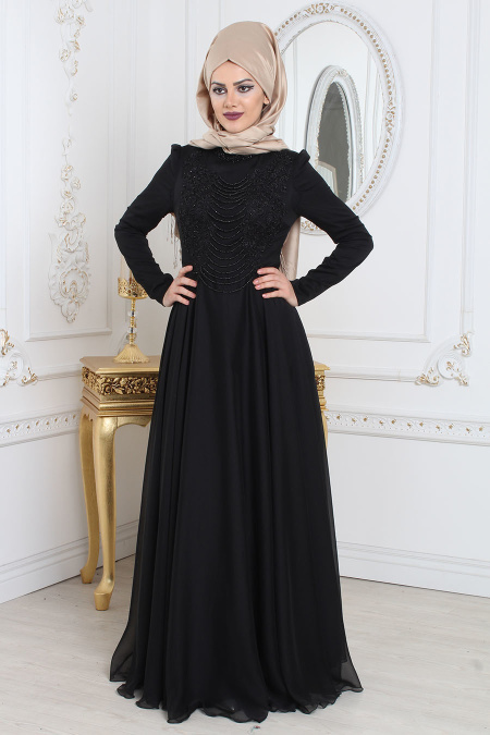Evening Dresses - Black Hijab Evening Dress 7954S