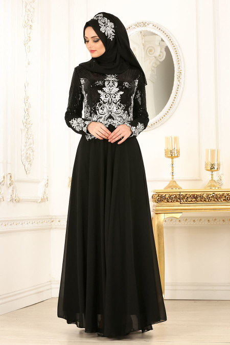 Evening Dresses - Black Hijab Evening Dress 79730S