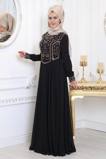 Evening Dresses - Black Hijab Evening Dress 7977S - 2