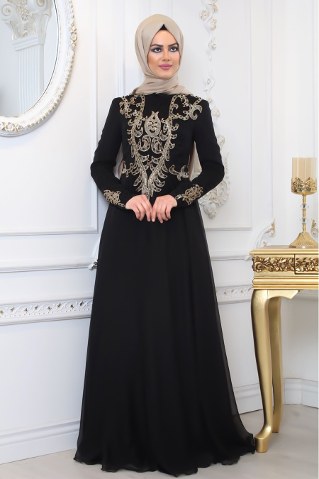 Evening Dresses - Black Hijab Evening Dress 7996S