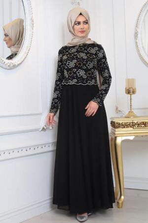 Evening Dresses - Black Hijab Evening Dress 80110S - 2
