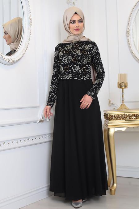 Evening Dresses - Black Hijab Evening Dress 80110S - 2