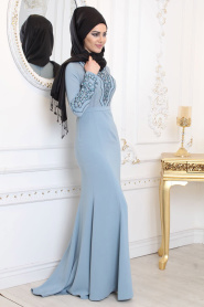 Evening Dresses - Blue Hijab Evening Dress 7956M - Thumbnail