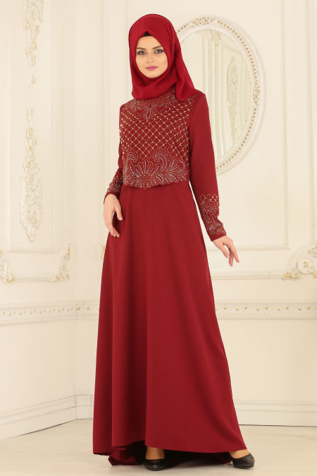 Evening Dresses - Claret Red Hijab Dress 20070BR