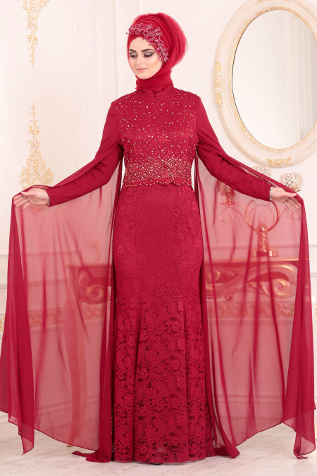 Evening Dresses - Claret Red Hijab Dress 20080BR