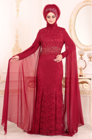 Evening Dresses - Claret Red Hijab Dress 20080BR - Thumbnail