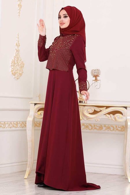 Evening Dresses - Claret Red Hijab Dress 20110BR