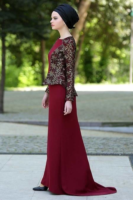 Evening Dresses - Claret Red Hijab Dress 2125BR - 3