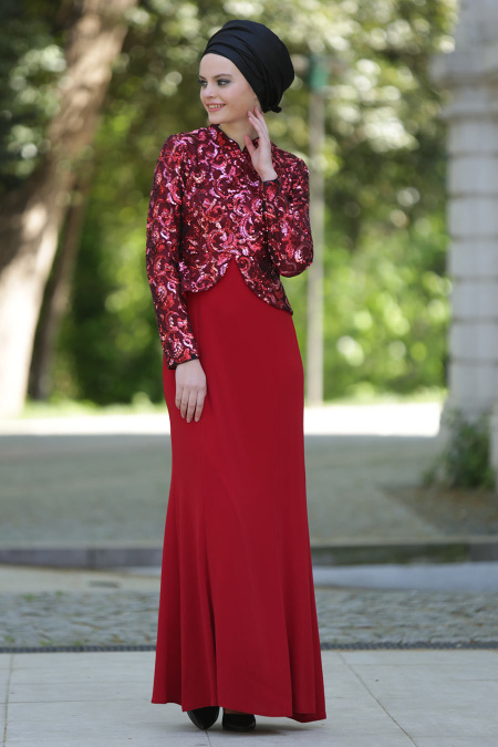 Evening Dresses - Claret Red Hijab Dress 2131BR
