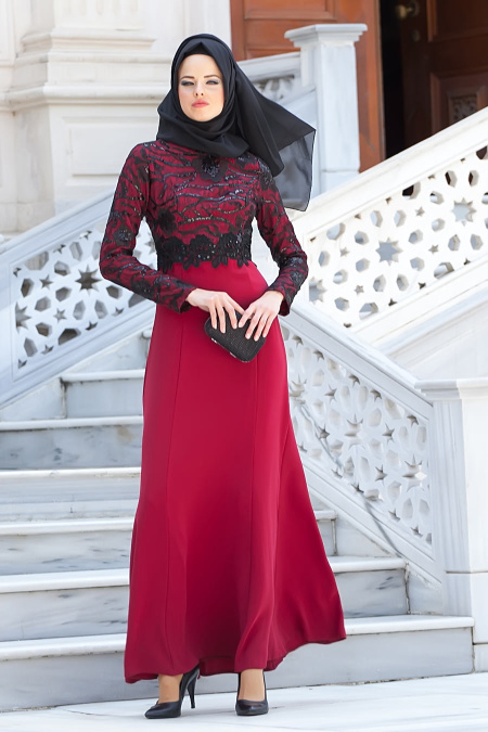 Evening Dresses - Claret Red Hijab Dress 2132BR
