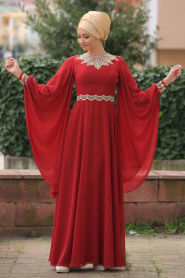 Evening Dresses - Claret Red Hijab Dress 2133BR - Thumbnail