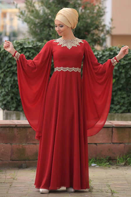 Evening Dresses - Claret Red Hijab Dress 2133BR