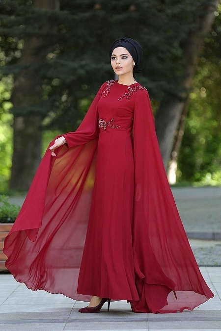 Evening Dresses - Claret Red Hijab Dress 2138BR
