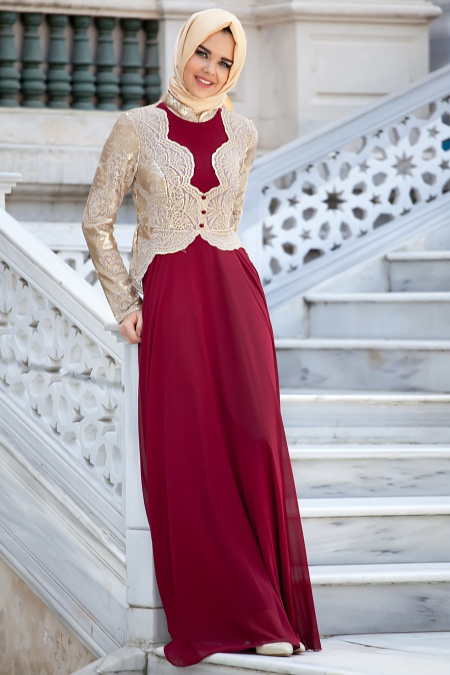 Evening Dresses - Claret Red Hijab Dress 2149BR
