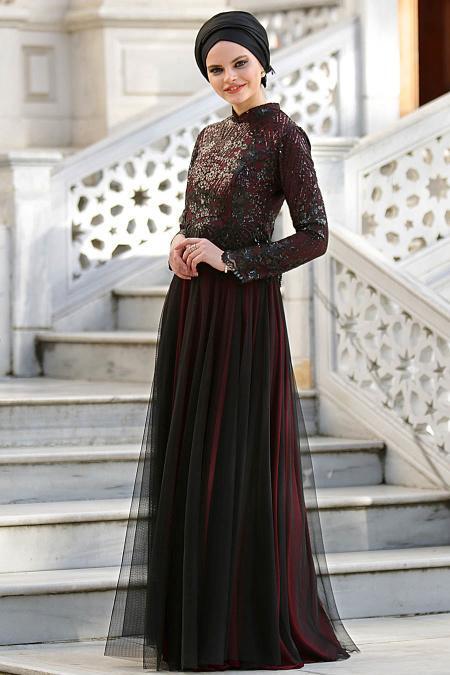 Evening Dresses - Claret Red Hijab Dress 2150BR - 2