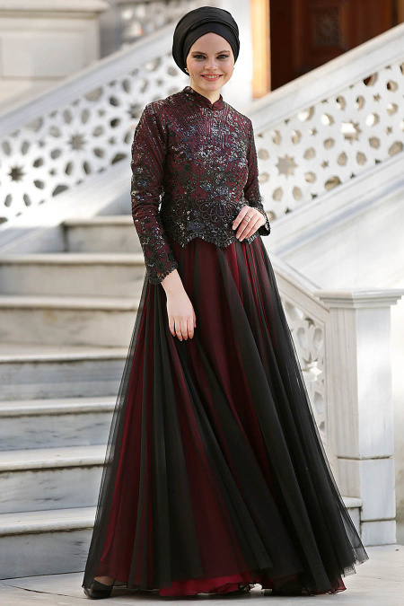Evening Dresses - Claret Red Hijab Dress 2150BR