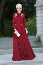 Evening Dresses - Claret Red Hijab Dress 2156BR - Thumbnail