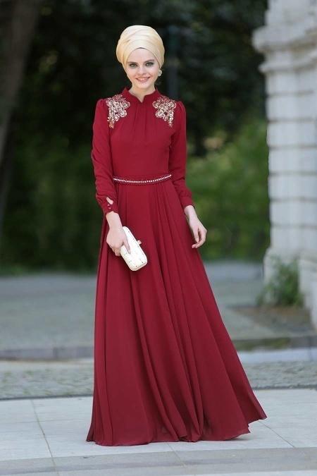Evening Dresses - Claret Red Hijab Dress 2156BR