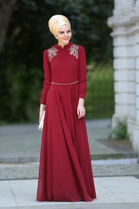 Evening Dresses - Claret Red Hijab Dress 2156BR - 2