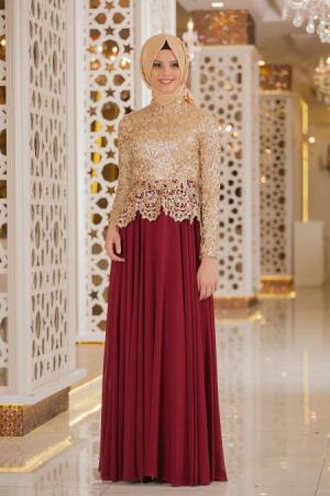 Evening Dresses - Claret Red Hijab Dress 2162BR - 1