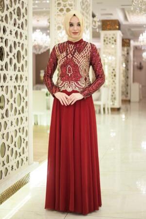 Evening Dresses - Claret Red Hijab Dress 2185BR - 1