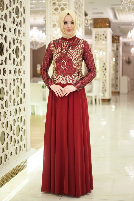 Evening Dresses - Claret Red Hijab Dress 2185BR