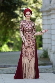 Evening Dresses - Claret Red Hijab Dress 2188BR - Thumbnail
