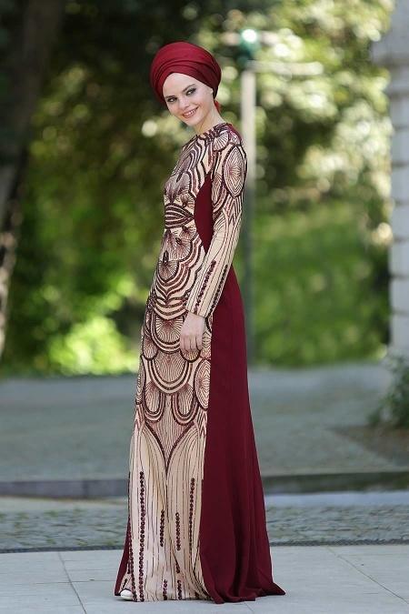 Evening Dresses - Claret Red Hijab Dress 2188BR - 2