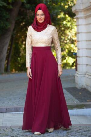 Evening Dresses - Claret Red Hijab Dress 2189BR - 1