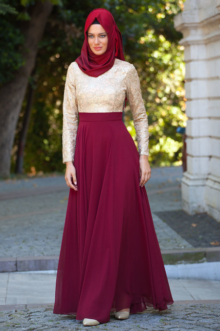 Evening Dresses - Claret Red Hijab Dress 2189BR