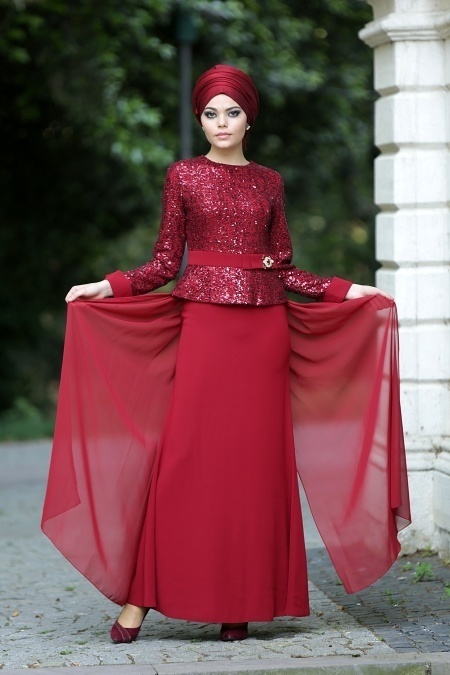 Evening Dresses - Claret Red Hijab Dress 2201BR
