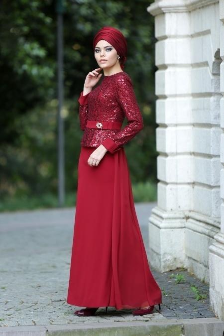 Evening Dresses - Claret Red Hijab Dress 2201BR - 2