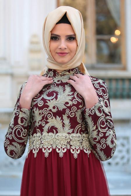 Evening Dresses - Claret Red Hijab Dress 2206BR - 2