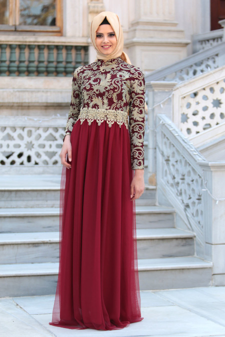 Evening Dresses - Claret Red Hijab Dress 2206BR