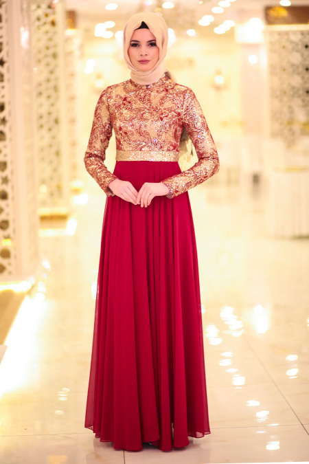 Evening Dresses - Claret Red Hijab Dress 2208BR