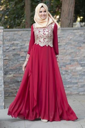 Evening Dresses - Claret Red Hijab Dress 2211BR - 1