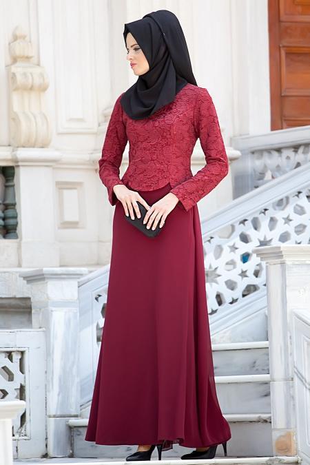 Evening Dresses - Claret Red Hijab Dress 2215BR - 2