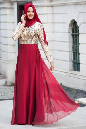 Evening Dresses - Claret Red Hijab Dress 2221BR - 1