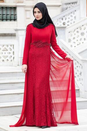 Evening Dresses - Claret Red Hijab Dress 2222BR - 1