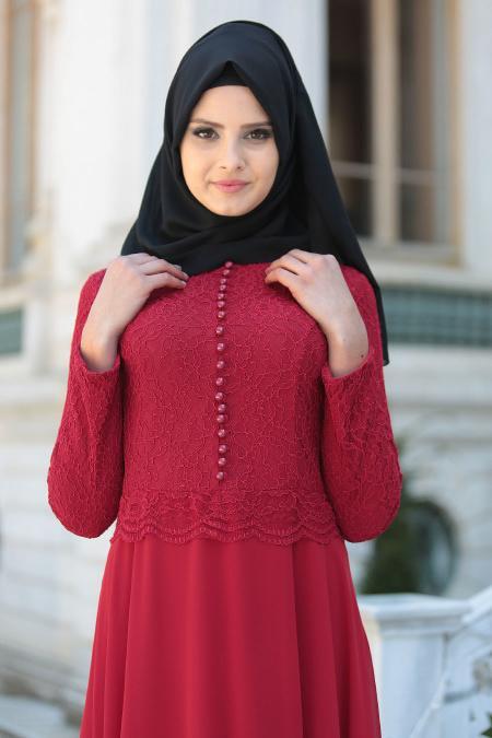Evening Dresses - Claret Red Hijab Dress 2275BR - 2