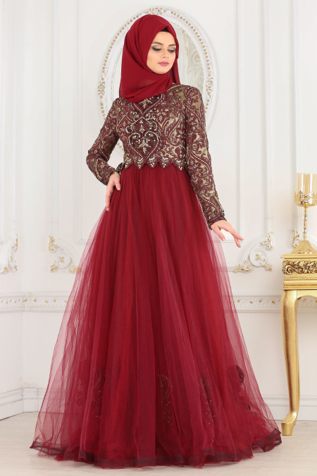 Evening Dresses - Claret Red Hijab Dress 2460BR
