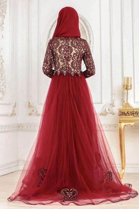 Evening Dresses - Claret Red Hijab Dress 2460BR - 2