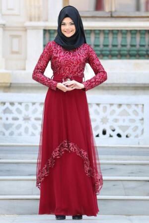 Evening Dresses - Claret Red Hijab Dress 2664BR - 1