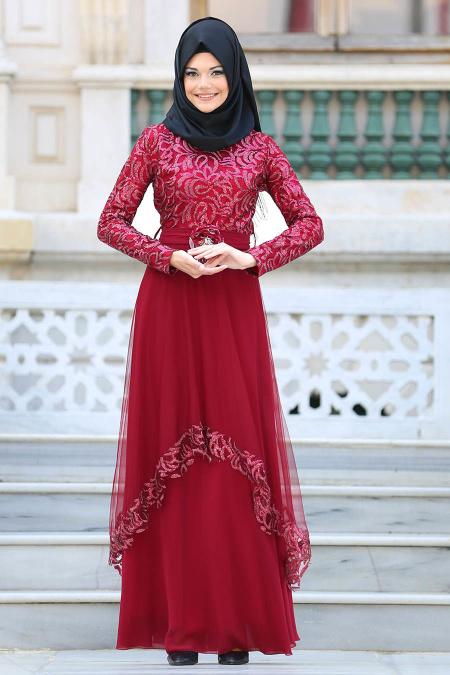 Evening Dresses - Claret Red Hijab Dress 2664BR