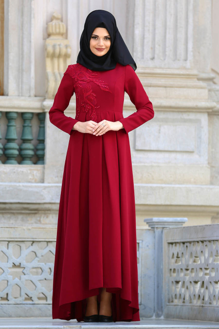 Evening Dresses - Claret Red Hijab Dress 3520BR