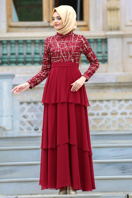 Evening Dresses - Claret Red Hijab Dress 3524BR