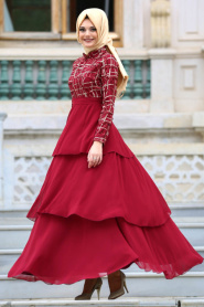 Evening Dresses - Claret Red Hijab Dress 3524BR - Thumbnail