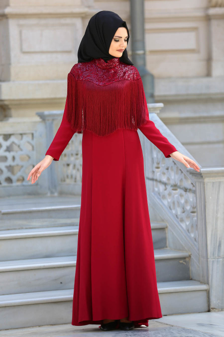Evening Dresses - Claret Red Hijab Dress 3547BR
