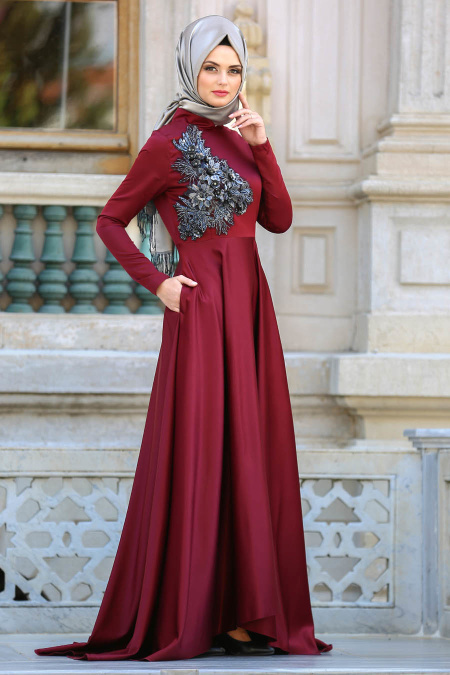 Evening Dresses - Claret Red Hijab Dress 3577BR